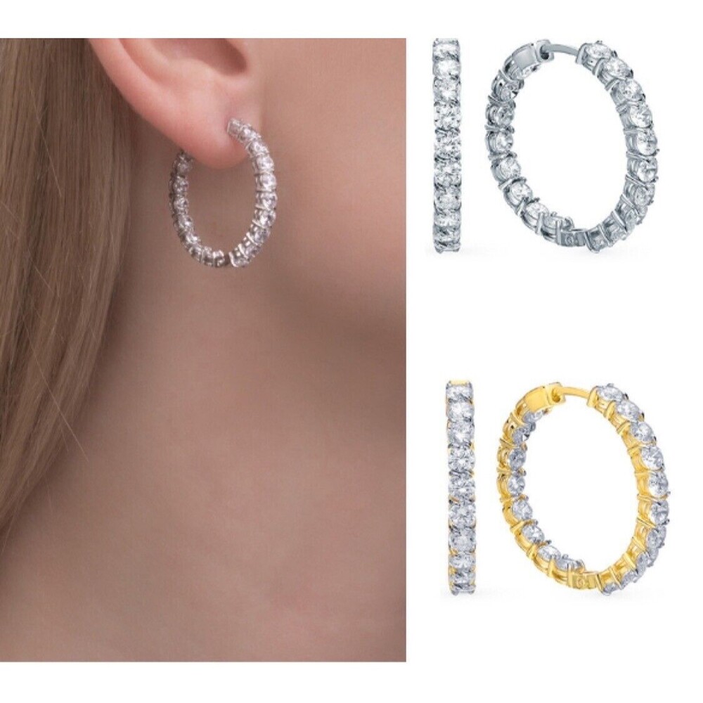 Brand New Stainless Steel CZ Snap Diamond Hoops Silver Color